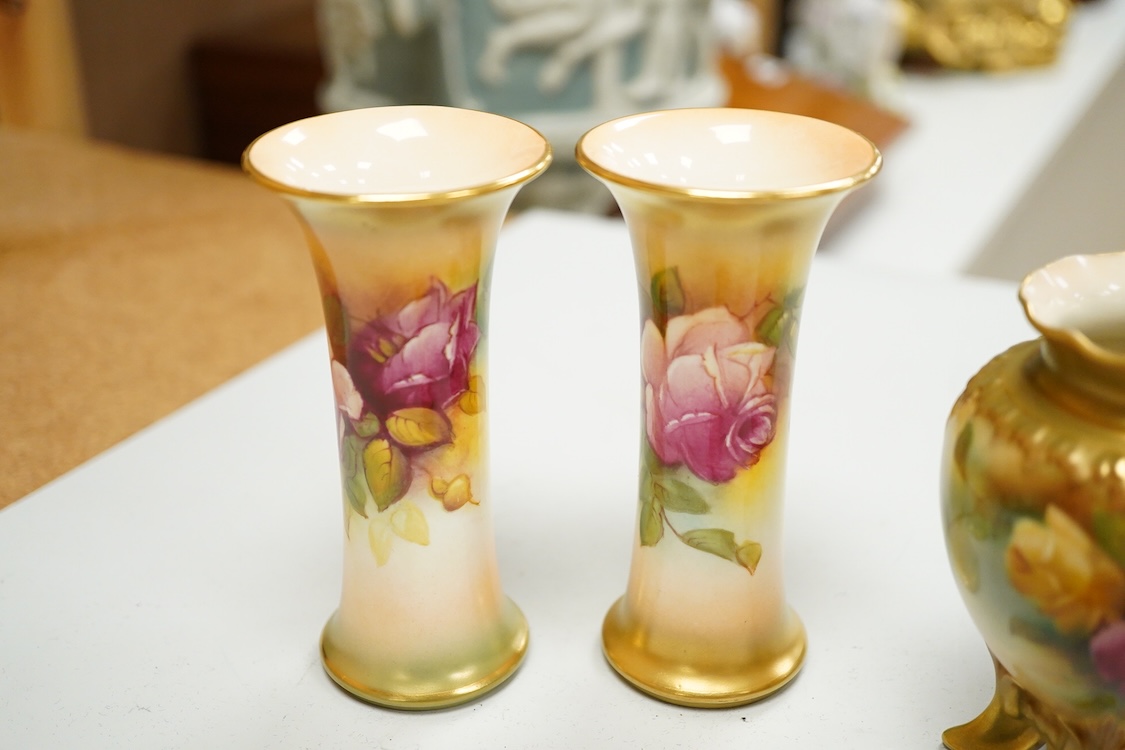 A group of Royal Worcester flower painted porcelain to include a pair vases signed M Hunt and a potpourri, largest 11cm high